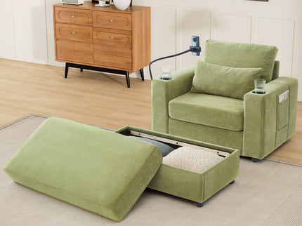 Modern Style Armchair Chaise Lounge Sofa Couch With Movable Storage Ottoman, USB Ports, Cup Holders, Phone Holder, Side Pockets