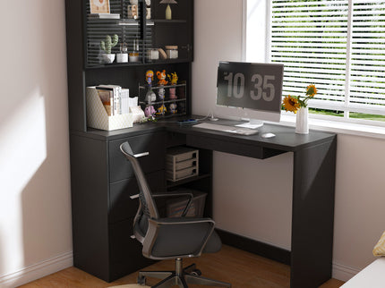 L-Shaped Computer Desk With Glass Cabinets, Built In LED Lights, USB Charging Ports