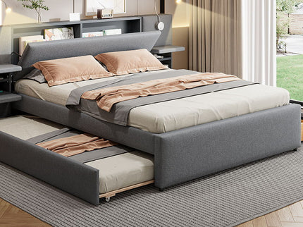 Upholstered Platform Bed With Reading Lights, Drawers, Trundle And Shelves