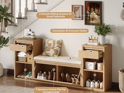 Entryway Storage Bench With Cushion, Drawers & Open Shelves