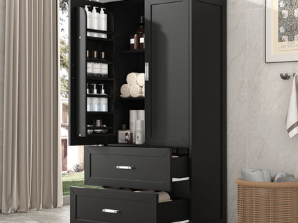 Tall Bathroom Storage Cabinet With 2 Doors And Drawers, Adjustable Shelf