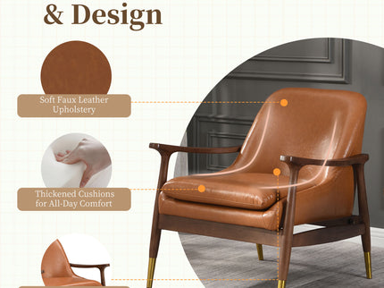 Mid - Century Accent Chair With Cushioned Seat, Brass Tipped Legs