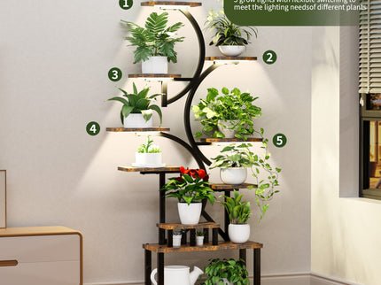 S - Shaped, 10 Tier Plant Stand With 5 Grow Lights - Deep Rustic Brown