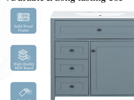 Bathroom Vanity With Sink, 3 Drawers & Cabinet With Adjustable Shelves