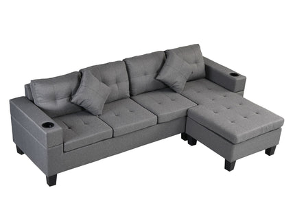 Modern Sectional Sofa Set With L Shape Chaise Lounge, Cup Holder, 4 Seat - Gray