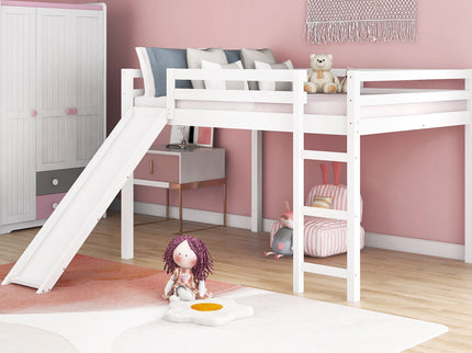 Full Loft Bed With Slide, Multifunctional Design - White