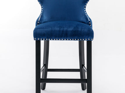 Contemporary Upholstered Wing-Back Barstools With Button Tufted Decoration And Wooden Legs, And Nailhead Trim, Leisure Style Bar Chairs, Bar Stools (Set of 2)