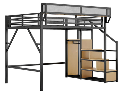Queen Size Loft Bed & Stairs, Storage Shelves, Wardrobe - Black / Wood