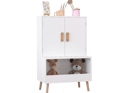 Toy Storage Cabinet With Doors And Open Shelf, Toddler Bookshelf For Playroom - White