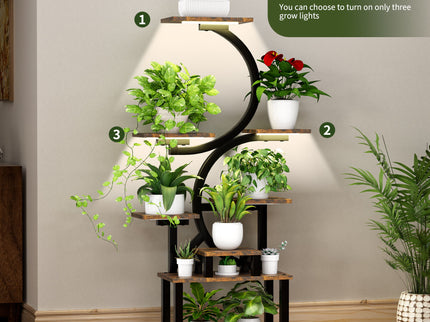 8 Tier Indoor Plant Stand With 5 Grow Lights For Living Room - Rustic Brown