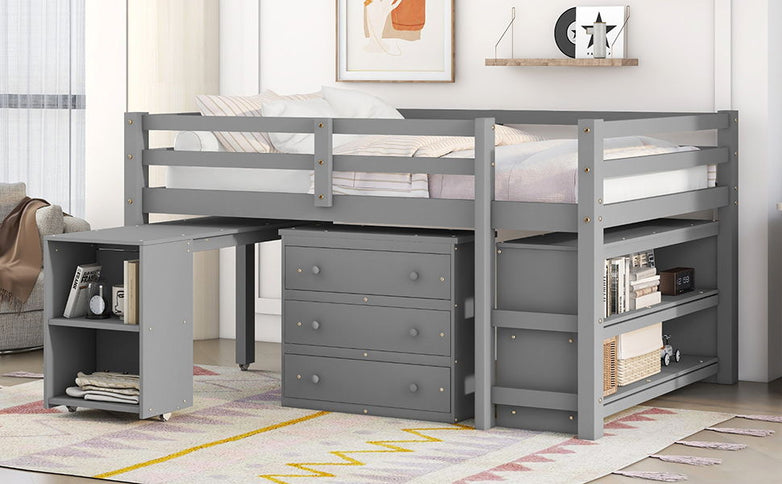 Loft Low Study Bed With Cabinet, Shelves And Rolling Portable Desk, Multiple Functions
