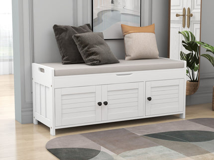 Storage Bench With 3 Shutter-Shaped Doors, Shoe Bench With Removable Cushion And Hidden Storage Space