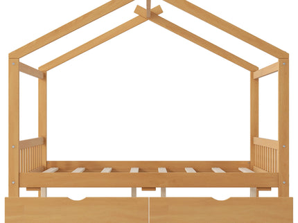 House Style Platform Bed With Headboard, Footboard, 2 Drawers, And Roof Design