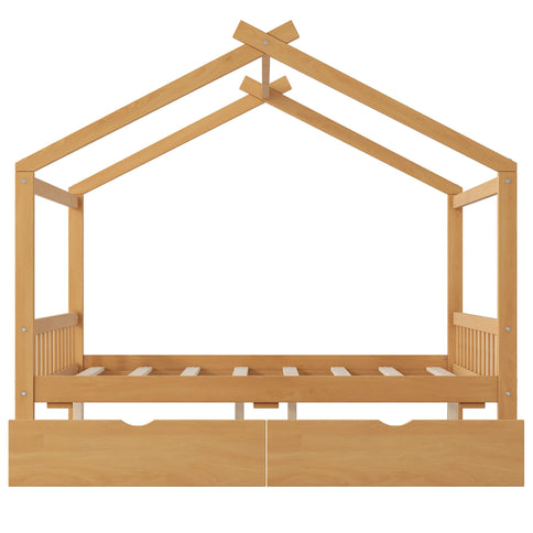 House Style Platform Bed With Headboard, Footboard, 2 Drawers, And Roof Design