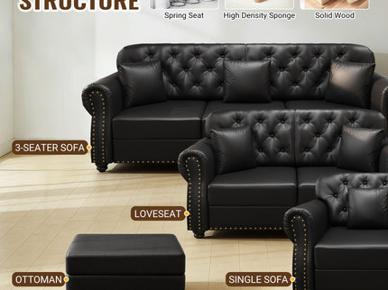 Upholstered Sofa With Nailhead Trim, Rolled Armrests With Ottoman
