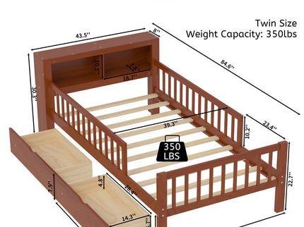 Bed With Headboard Storage Rack, 2 Under Bed Drawers, 3 Side Guardrails For Safety