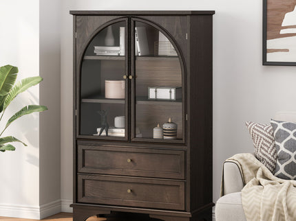 Glass Door Display Case With 2 Drawers And Adjustable Shelf