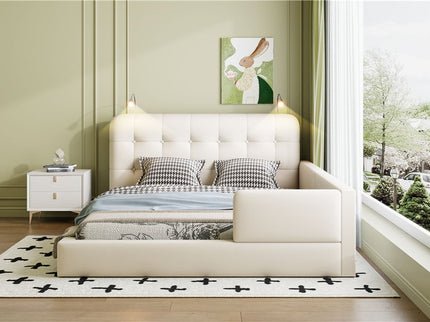 Queen Size Upholstered Platform Bed With 2 Reading Lights - White