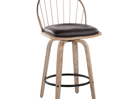 Riley - Farmhouse Fixed Height Counter Stool Round Footrest With Removable Cushion (Set of 2) - White Washed / Antique Copper / Brown