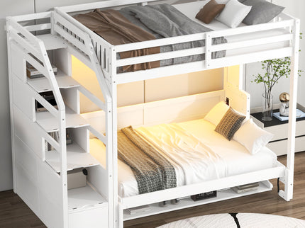 Full Long Loft Bed With Storage Staircase, Murphy Bed, LED Light - White