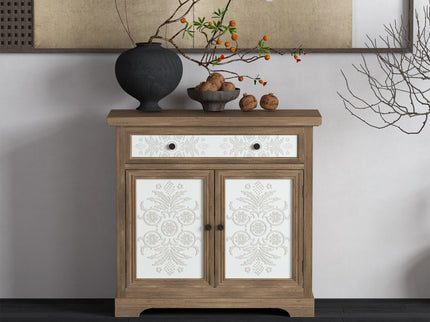 Accent Cabinet With Carved Floral Panels, Sideboard With Drawer And Double Doors - Antique Brown / White