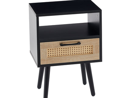 15.75" Rattan End Table With Drawer And Solid Wood Legs, Modern Nightstand, Side Table For Living Room, Bedroom