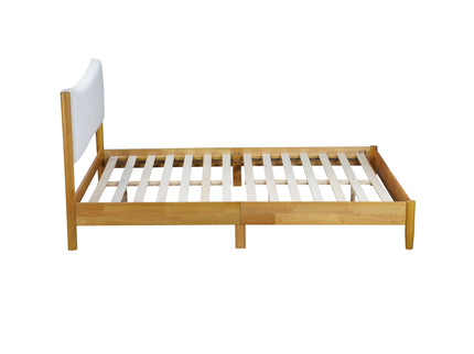 Queen Size Rubber Wooden, Solid Wooden Bed With Teddy Velvet Cushion Upholstered Headboard, Enhanced By Support Feet - Natural