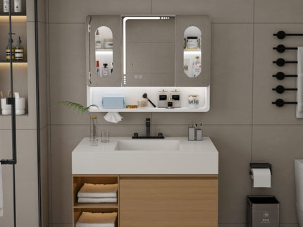Wall Mounted Bathroom Mirror Cabinet With LED Lights, Anti Fog & Explosion Proof, Touch Control Medicine Cabinet, 3 Color Lighting - White
