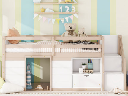 Low Loft Bed With Stair, Drawer, And Shelf