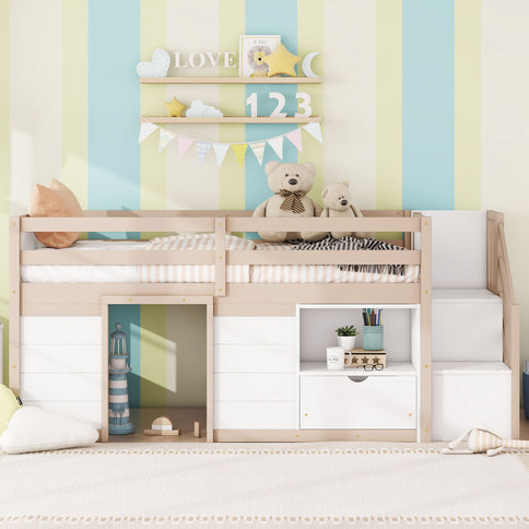 Low Loft Bed With Stair, Drawer, And Shelf