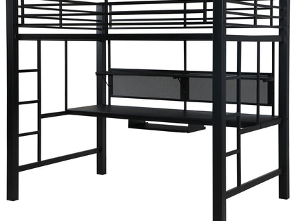 Ranier - Full Workstation Loft Bed, Full Length Desk, Safety Rails And Storage Shelves - Black