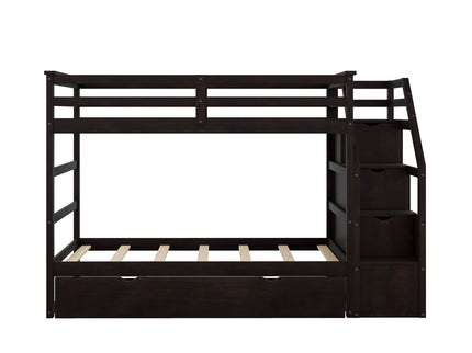 Twin Over Twin Bunk Bed With Twin Size Trundle And 3 Storage Stairs - Espresso