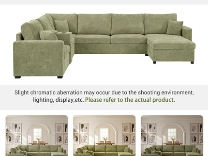Modular 5 Seat U-Shape Sectional Sofa With Chaise Lounge, Built In Cup Holders And Storage Drawer