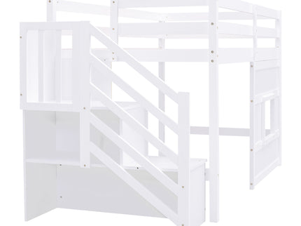Loft Bed With Storage Staircase, Window & LED Light