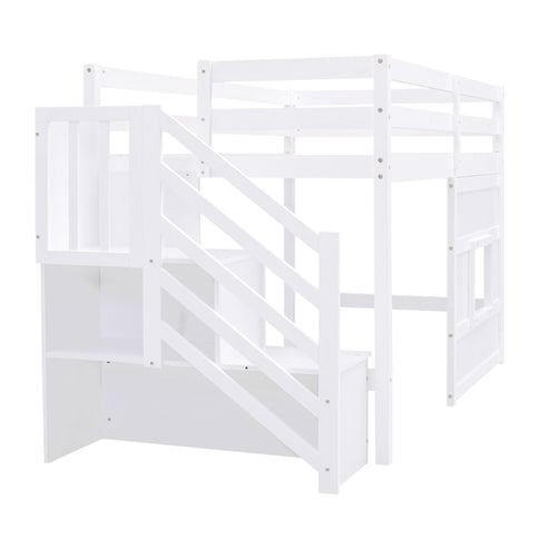 Loft Bed With Storage Staircase, Window & LED Light