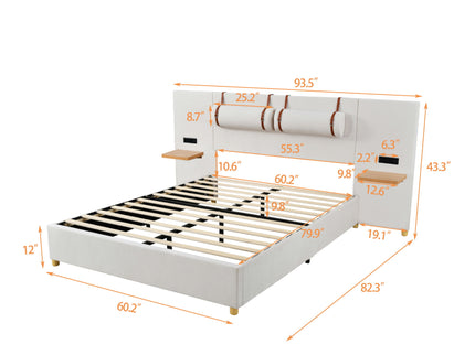 Upholstered Platform Bed, 2 Outlets And USB Charging Ports On Both Sides, 2 Bedside Pillows, Storage Shelves
