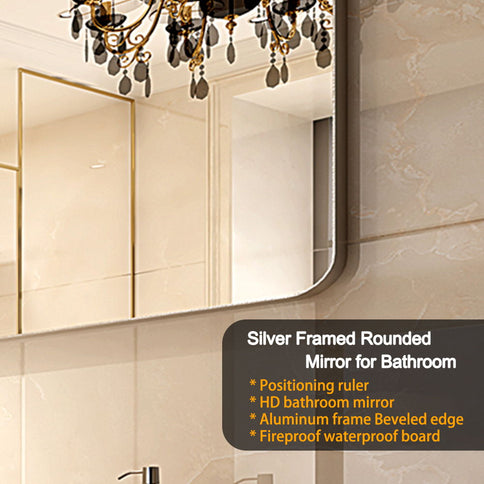 Glossy Brushed Rounded Corner Rectangle Wall Mirror For Bathroom Metal Frame Wall Mounted Bathroom Mirror Home Decor Corner Hangs Farmhouse Mirror (Horizontal & Vertical) - Silver