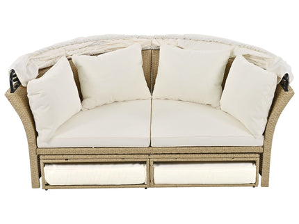 Outdoor Patio Daybed Wicker Rattan Double Daybed Round Sofa Furniture Set With Retractable Canopy, 4 Pillows For Lawn Garden