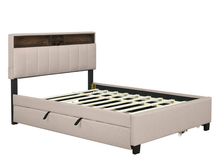 Upholstered Platform Bed With Storage Headboard, Trundle & 2 Drawers And A Set Of Sockets & USB Ports