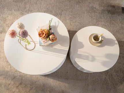 Round Storage Table Set With Lift Off Lid, Nesting Design, Elegant Curved Edge Shape For Living Room - Cream White