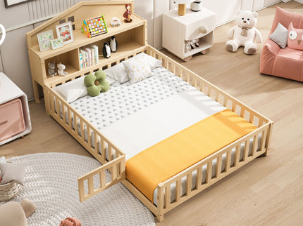 Full Size Montessori Floor Bed With Bookcases And boards, Solid Wood Platform Bed With Guard Rails And Storage Headboards - Natural