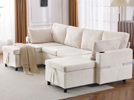 Sectional Sofa Bed With Pull Out Sleeper, USB Ports, Cup Holders