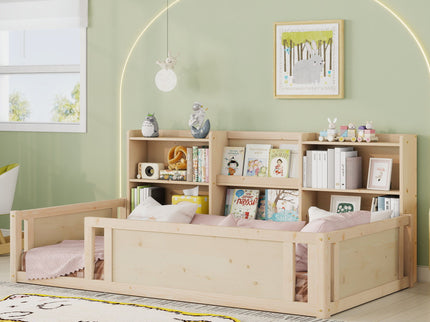 Platform Floor Bed With Guardrail Fence And Side Storage Shelves