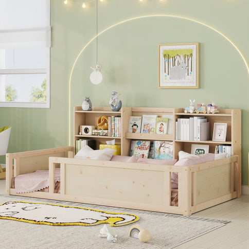 Platform Floor Bed With Guardrail Fence And Side Storage Shelves