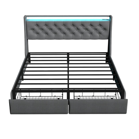 Bed Frame With Storage Headboard, RGB LED Light & USB Charging Station