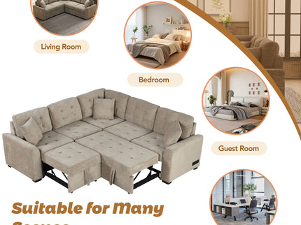 L-Shape Sofa Bed Pull-Out Sleeper Sofa With Wheels, USB Ports, Power Sockets For Living Room