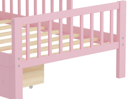 Bed With Headboard Storage Rack, 2 Under Bed Drawers, 3 Side Guardrails For Safety