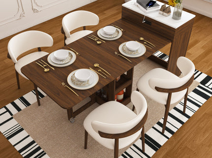Extendable Dining Table With Power Socket, Lockable Casters, Storage Cabinet
