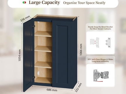Shaker Wall Cabinet With Soft Close Hinges, Adjustable Shelves, Double Door