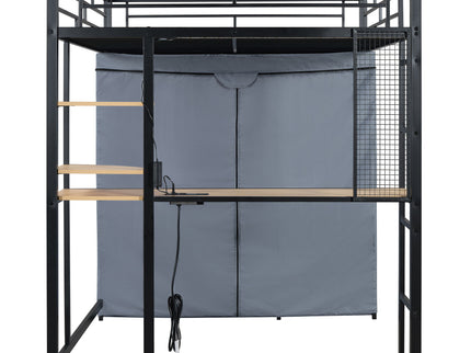 Loft Bed With Desk, Shelves, Power Outlet, LED Light And Wardrobe